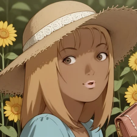 gygirl, 1girl, solo, short blonde hair, bangs, pink lips, brown eyes, tanned skin,
gygirl in a light blue dress decorated with flowers, a straw hat. gygirl smiling as she holds a wallet as she walks in a field of flowers