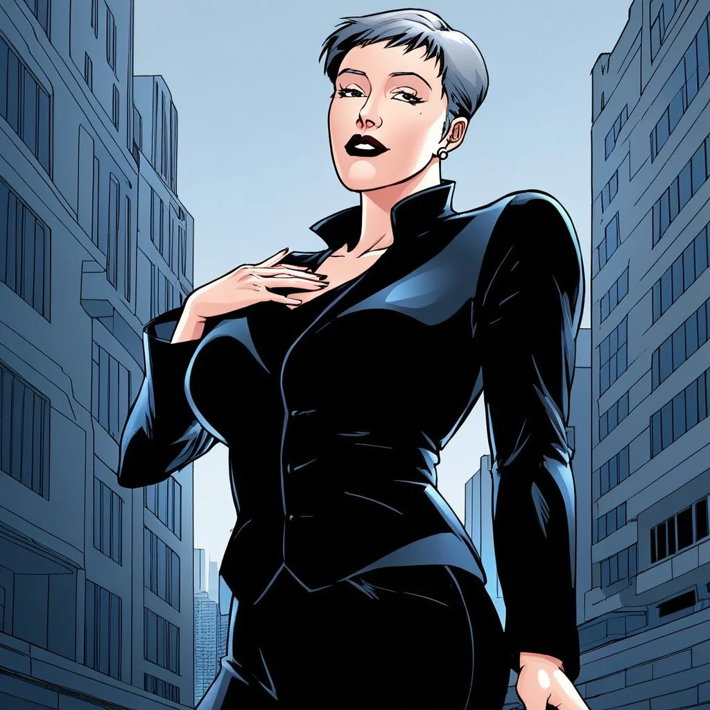 (masterpiece), best quality, expressive eyes, amazing quality, solo, 1girl, black vest, earrings, very short hair, hand on own chest, black jacket, formal, black pants, City, black eyes, grey hair, Mature female,
