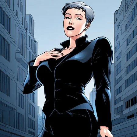(masterpiece), best quality, expressive eyes, amazing quality, solo, 1girl, black vest, earrings, very short hair, hand on own chest, black jacket, formal,  black pants,  City, black eyes, grey hair, Mature female,