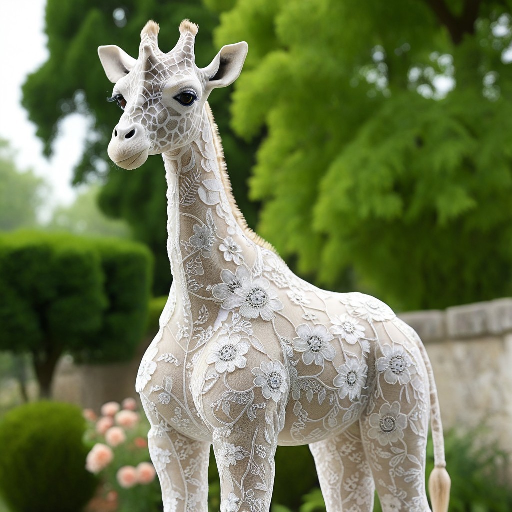 lazypos,high quality,masterpiece,ultra-high resolution,incredible composition,extremely detailed, 
madeoflace, a graceful giraffe entirely made of lace and embroidery, long neck formed from floral filigree, standing in a soft dreamscape garden, bokeh