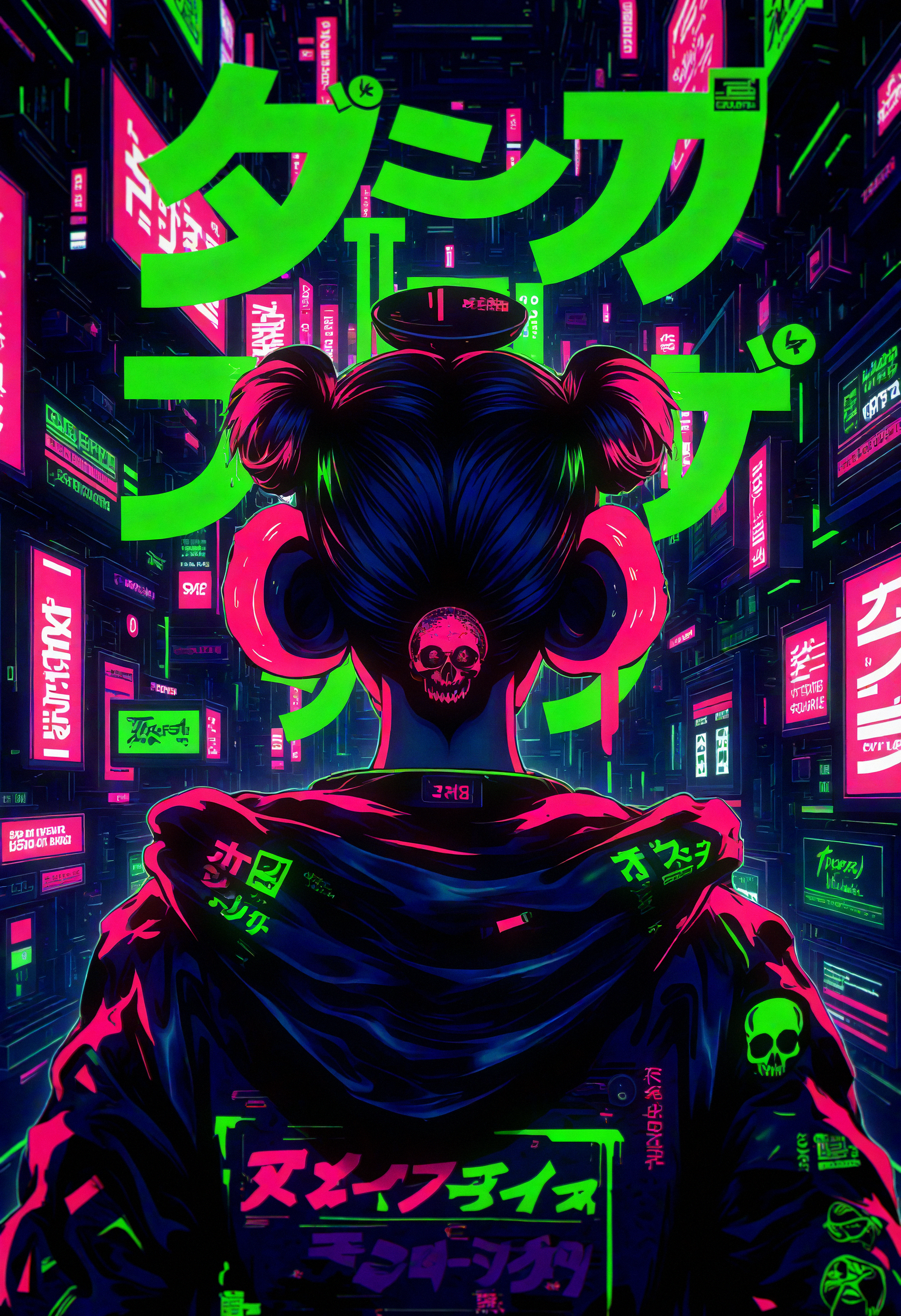 bo-cpposter,  cyberpunk aesthetic featuring a female character with vibrant neon hair styled in two buns, wearing a futuristic, oversized jacket adorned with glowing symbols and skull graphics. The background is a high-tech cityscape bathed in neon green and purple hues, reflecting a gritty urban atmosphere. The setting includes digital screens and graffiti, with patterns and text in an abstract, glitch-inspired style. Elements such as dripping neon lights and holographic interfaces enhance the futuristic vibe, creating a hyperrealistic impression. , <lora:Flux\boFLUX Cyberpunk Poster.safetensors:1.4000000000000001:1.4000000000000001>