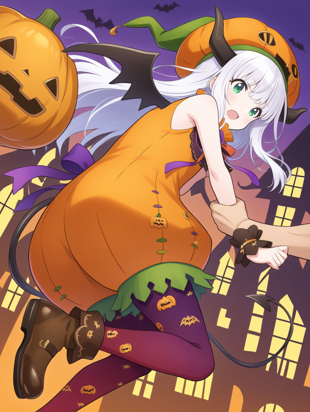 perfect quality,best quality,absolutely eye-catching,ambient occlusion,raytracing BREAK
1girl,<lora:riria kabotya IL v1.1:0.8>,kabotya,white hair,green eyes,long hair,horns,halloween,halloween costume,pumpkin,hat,sleeveless,wrist cuffs,wings,ribbon,demon tail,red legwear,purple legwear,shoes,print legwear,, dutch angle,upper_body,on_side,chin_stroking,arm_grab,high_kick,