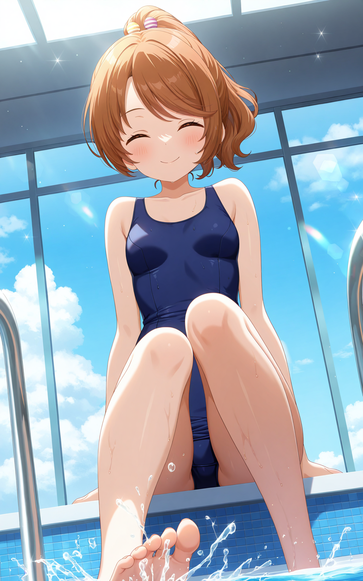 masterpiece, best quality, good quality, newest,4k, perfect lighting, cinematic, very aesthetic, official art, anime screencap, anime coloring,pool,
1girl,solo,remi,brown hair,ponytail,hair ornament,brown eyes,school swimsuit,blue one-piece swimsuit,
facing at viewer,looking at viewer,smile,closed eyes,sitting,arms at sides,bare foot,splashing,blue sky,sunlight,from below,BREAK
<lora:ILremi:0.9>