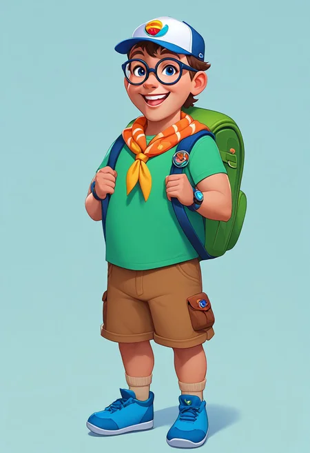 score_9, score_8_up, score_7_up, mgas, BREAK 1boy, little boy, solo, fat, smile, joyful, scout, without one tooth, teeth, short brown hair, blue eyes, round black-rimmed glasses, yellow handkerchief fastened with a bead around his neck, green backpack, red T-shirt with an orange pattern, brown shorts, brown strap with a gray buckle, light brown socks with thin stripes, blue shoes, blue and white cap, badge hanging on the strap of a backpack, BREAK his hands holding onto the straps of his backpack, standing, full body, full body shot, looking at viewer, semi-sideways, half-sideways, BREAK simple background, white background