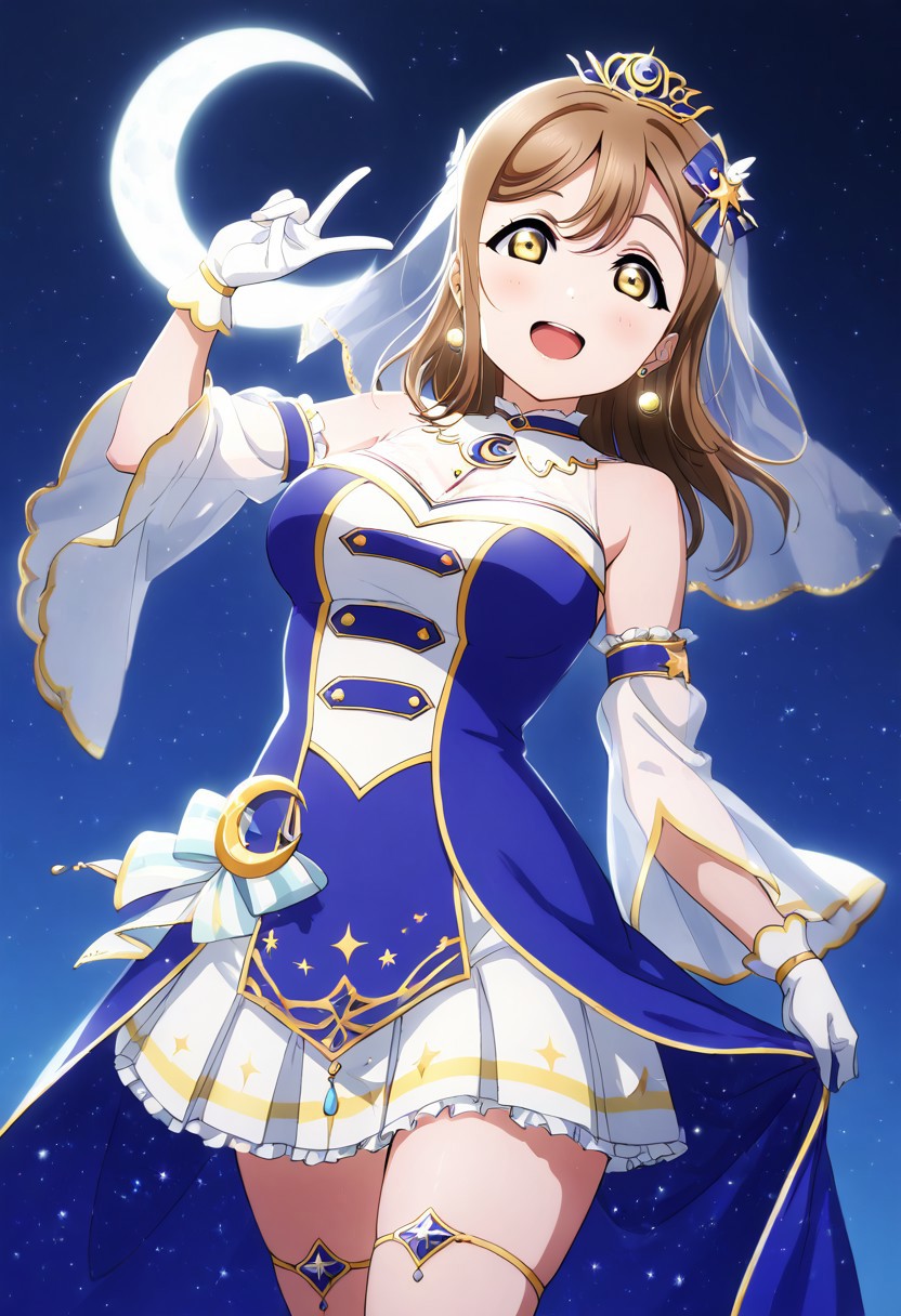 masterpiece, best quality, solo, 1girl, aged up, happy, large breasts, 
 hanamaru_kunikida, kunikida_hanamaru, long hair, bangs, brown hair, yellow eyes, celestial priestess idol outfit, white and indigo robes, moon motif, sheer veil, glowing earrings, mystical floating stage under the night sky, crescent moon above, stars sparkling all around, gentle hand gesture, spiritual and elegant atmosphere