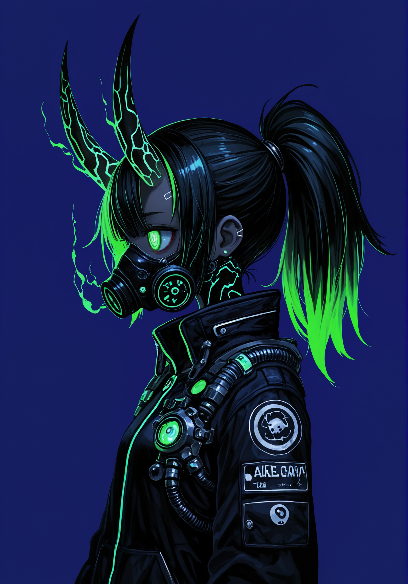 masterpiece, best quality, good quality, [sho \(sho lwlw\)], [naga_u], year 2013,
good quality, very aesthetic, absurdres, newest, 1girl, solo, long_hair, simple_background, black_hair, jewelry, jacket, upper_body, ponytail, multicolored_hair, horns, green_hair, dark_skin, from_side, dynamic, dark-skinned_female, mask, blue_background, glowing, high_ponytail, glowing_eyes, science_fiction, purple_background, oni horns, ethereal magic tube, cyborg, gas_mask, mechanical_parts, cyberpunk, tube, respirator, fierce aura swirl