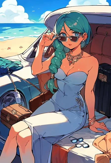 score_9, score_8_up, score_7_up, source_anime,
1girl, solo, queen_frysabel, beach, glasses, formal dress, sunglasses, jewelry, briefcase, sitting inside car, <lora:queen_frysabel:1>