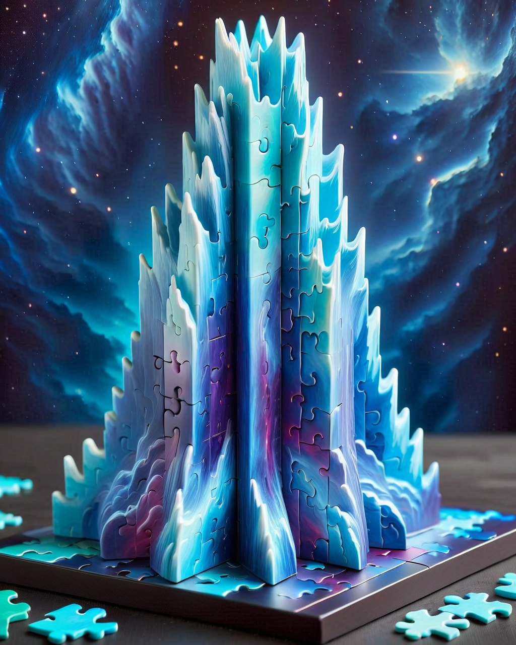 puzzle_morph_rks, puzzle 3d, a 3d toy a big blue pillar nebula made puzzle, on the black table