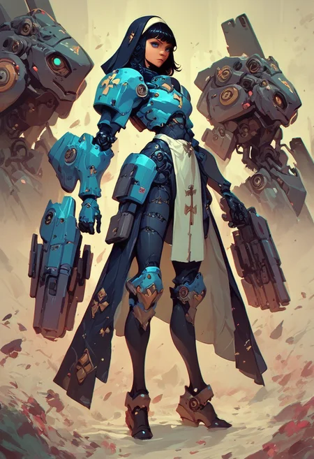 score_9, score_8_up, score_8_up, Battle nun, portrait, blue eyes, black hair, beautiful, long legs, mech armor,