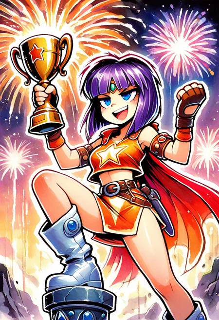 masterpiece, best quality, amazing quality, FMIXF, vibrant details, stalac, traditional media, GLOIL, solo, 1girl, medium hair, blunt cut, purple hair, gold circlet, blue eyes, armbands, orange star print crop top, red cape, orange miniskirt, belt, side slit, brown fingerless gloves, white boots, pedestal, holding large gold trophy, :d, smug, smirk, teeth, jitome, fireworks, leaning pose, celebration,