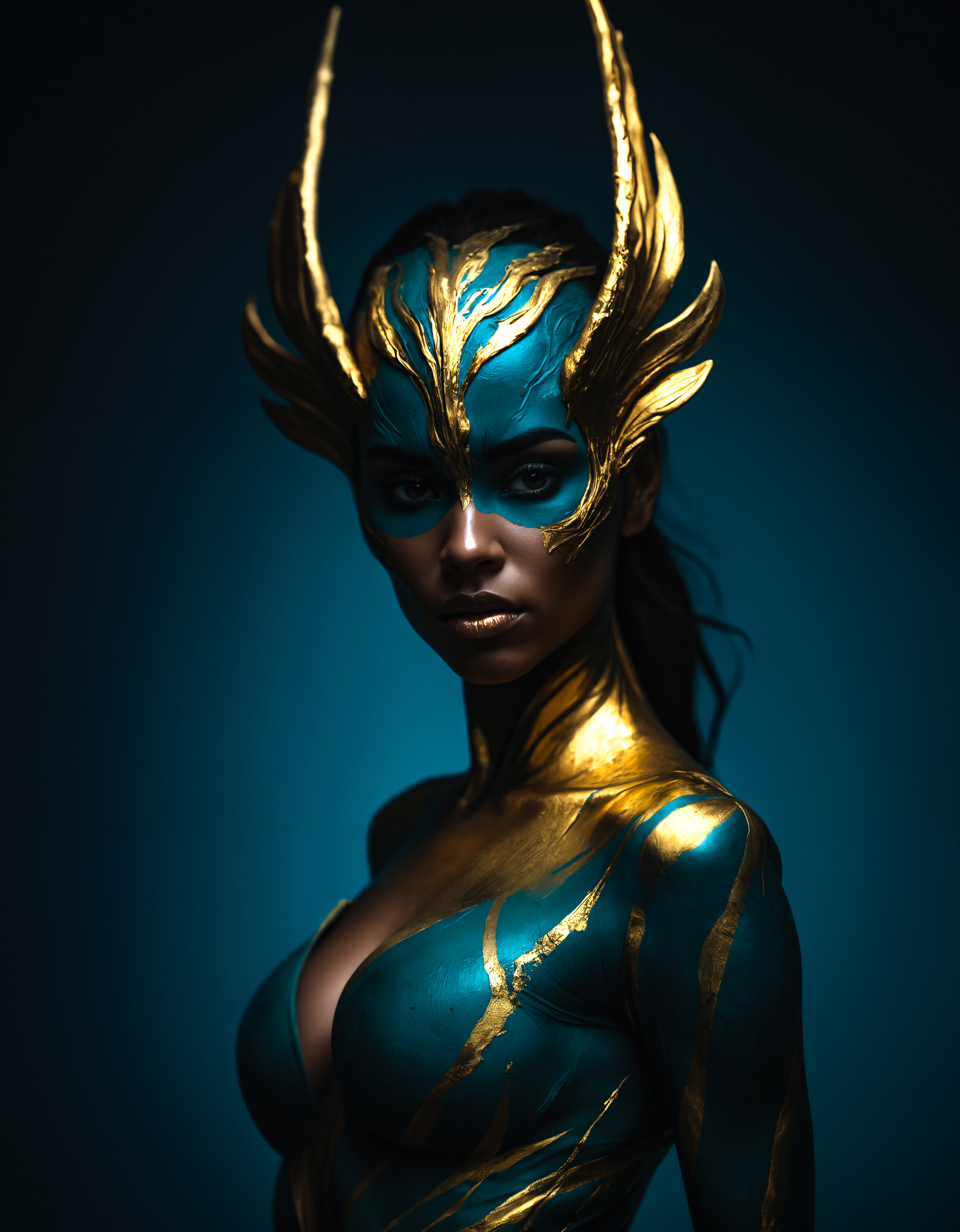 professional photography of teal and gold, use of palette knives, full body wide shot painting oel of teachment, imposing, modern minimalism, elegant, and mystery. mythical, legendary, powerful, ((dark, evening)), cinematic, trending on ArtStation, (close-up))