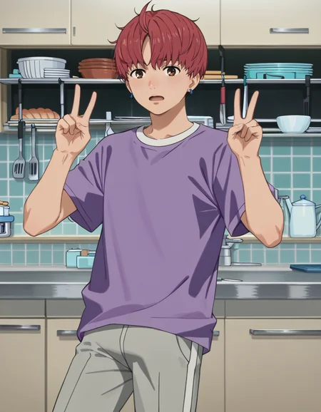 score_9, score_8_up, score_7_up, source_anime, high res image, masterpiece, best quality, BREAK
1boy, solo, double-v, indoors, kitchen, cowboy shot,
jin enjoji (dandadan s1), short hair, red hair, brown eyes, earrings,
purple shirt, short sleeves, gray pants,
<lora:jin_enjoji-dandadan_s1_v2-anime-soralz:1>