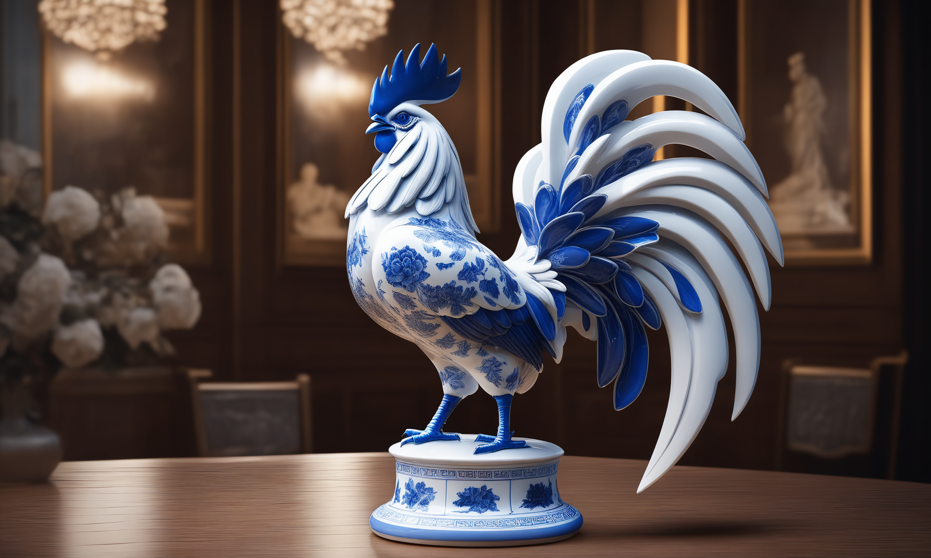 <lora:bwporcelaincd_xl-000007:0.7>, a statue of a cock standing on a table made of (bwporcelaincd_xl, blue and white porcelain, porcelain:1.2, shiny:1.3, solo:1.3) in office, indoors, full body, chinese zodiac, cutie, cute, still life, animal statue, front view, facing viewer, looking at viewer, (Unbelievable Digital Artwork:1.3), CGSociety, ArtStation, master works, 8K,HDR,UHD,masterpiece,best quality,highly detailed,emotional,harmonious,high budget,moody,epic,gorgeous,high resolution,perfect lighting,finely detail,extremely detailed,ultra detailed,realistic,photorealistic,huge filesize,photographic,real,wallpaper,moody lighting,volumetric lighting,reality ray tracing