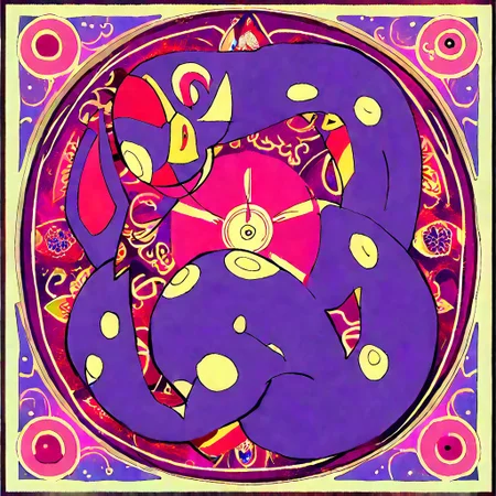 score_9, score_8_up, score_7_up, colored Mandala style, medium stylized pattern, (deep_purple base, black, red, and gold details), (glowing_golden_elements:1.2), Seviper, serpentine, vertical_figure_eight_pattern, intricate_design, symmetrical, traditional_mandala, luminous, mystical, highly_detailed, geometric_patterns, harmonious_composition, masterpiece, balanced, artistic, reverence, best quality, absurdres, highly detailed,