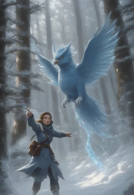 Ranger and flying ice bird, 1woman, pointing, charging, winter forest, pokemon, Articuno (pokemon), magical, sparkly, icicles