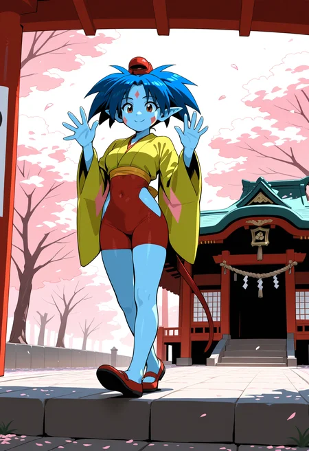 ponko, 1girl, solo, breasts, short hair, long sleeves, blue hair, green japanese clothes, pointy ears, wide sleeves, colored skin, clothing cutout, tail, facial mark, red footwear, red headwear, red eyes, 1990s
BREAK
Standing, waving, smile
BREAK
outside, shrine, cherry blossoms
BREAK
masterpiece,best quality,absurdres,very aesthetic,perspective, <lora:ponko_IL_Lora_v1:1>
