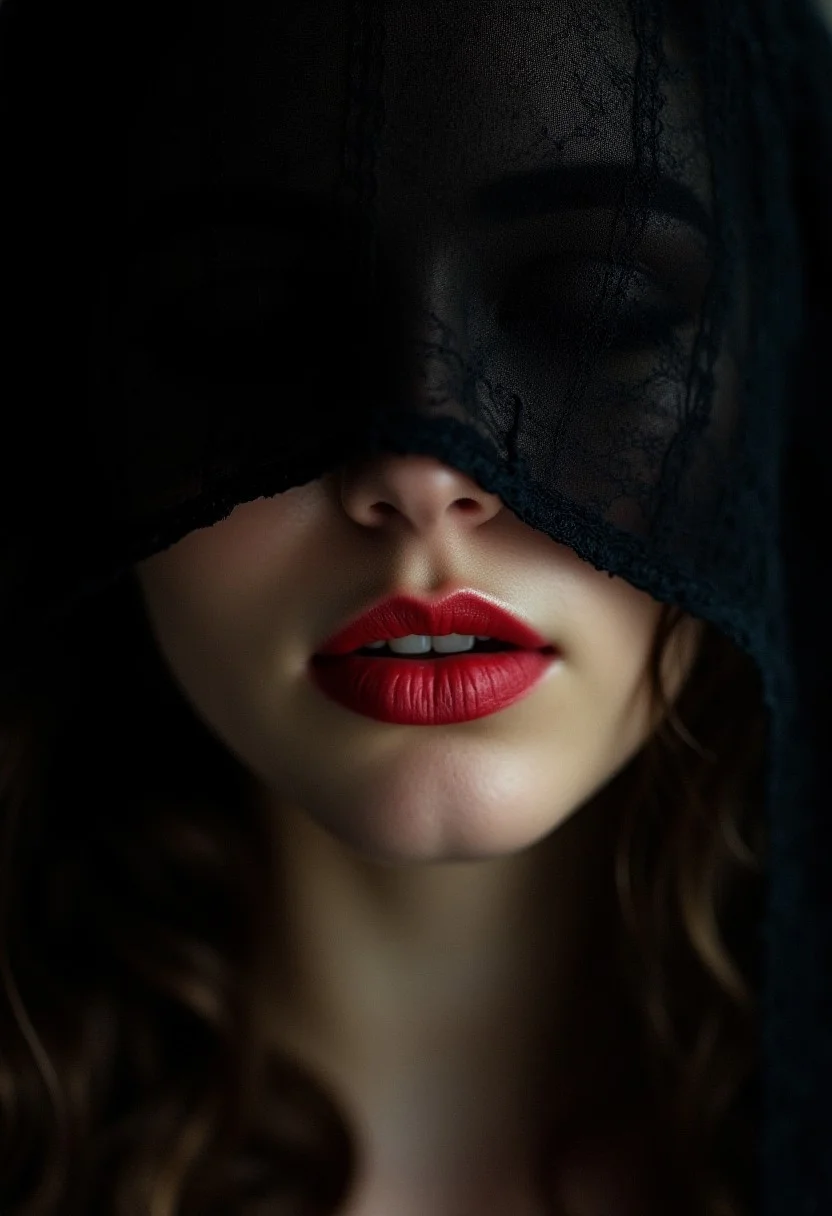 Abstract Lighting Effects, Hyperrealism, Midjourney Style, Photorealism, Cinematic, High Fidelity, Realism, Light Play,
A mysterious woman with her face partially obscured by a black veil. Only her lips are visible, forming a enigmatic smile. The rest of the image is blurred, focusing solely on her lips. The lighting is soft, casting a faint shadow over her face, adding to the intrigue. The scene feels intimate and secretive.
