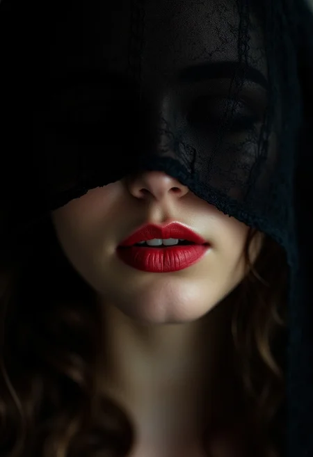 Abstract Lighting Effects, Hyperrealism, Midjourney Style, Photorealism, Cinematic, High Fidelity, Realism, Light Play,
A mysterious woman with her face partially obscured by a black veil. Only her lips are visible, forming a enigmatic smile. The rest of the image is blurred, focusing solely on her lips. The lighting is soft, casting a faint shadow over her face, adding to the intrigue. The scene feels intimate and secretive.