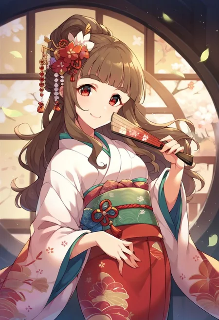 score_9, score_8_up, score_7_up, score_6_up, score_5_up, score_4_up,kamiya nao, brown hair, long hair, red eyes, 1girl, solo, japanese clothes, kimono, hair ornament, smile, hand fan, looking at viewer, hair flower, flower