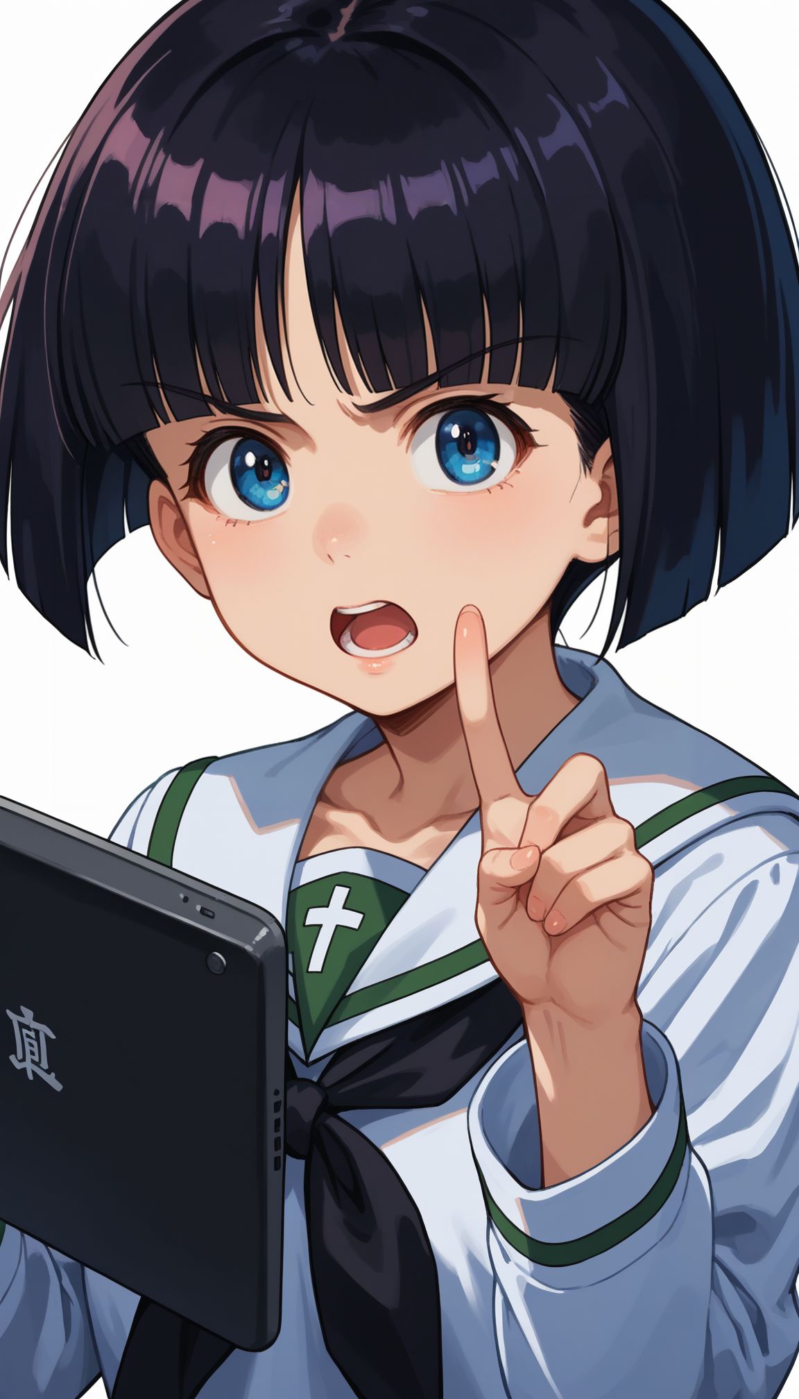 score_9, score_8_up, score_7_up, source_anime, ,
 <lora:sono_midoriko :1> 1girl, ooarai school uniform, black hair, short hair, open mouth, blouse, white background, long sleeves, serafuku, looking at viewer, black neckerchief, white shirt, blunt bangs, bob cut, simple background, holding, v-shaped eyebrows, blue eyes, upper body, tablet pc, blunt ends