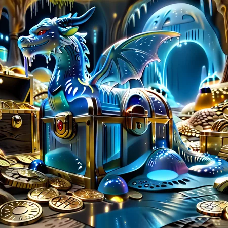 1dragon, highly detailed blue dragon, blue dragon made out of slime, scaly blue slime dragon, slime dragon with red eyes, blue slime dragon laying in its hoard, blue slime dragon with wings, dragon wings, 
multi-colored gems made out of slime, in a room of treasure made out of slime,  gold coins and bars made out of slime, wood-like treasure chest made out of slime, wood-colored slime chest, individual coins made out of slime, gold slime coins, piles of coins, 
treasure-room, treasure, treasure chest, gemstone, coins, gold bars, gold pile, 
everything made of slime, No simple background,
((translucent slime)), ((transparent slime)), (bioluminescent slime), sl1m3, slime, ais-blmn, watce, je11y, thickwater, great lighting, ral-lava, even lighting, no bright spots, saturated colors,