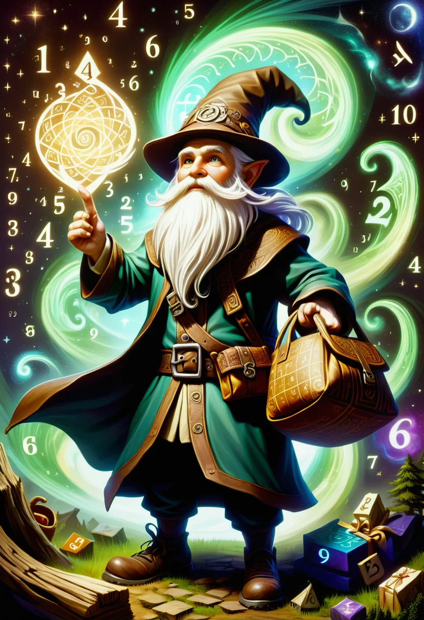 hyper detailed masterpiece, dynamic, awesome quality,swirling DonMM4hM4g1cXL math magic,numbers, symbols,roc, small gnomeish creature, long white beard, earth toned pointed hat, practical rustic clothing, carries a sack of gifts, guardian of household and farmstead, good luck, protection, <lora:DonMM4hM4g1cXL-000008:0.8>