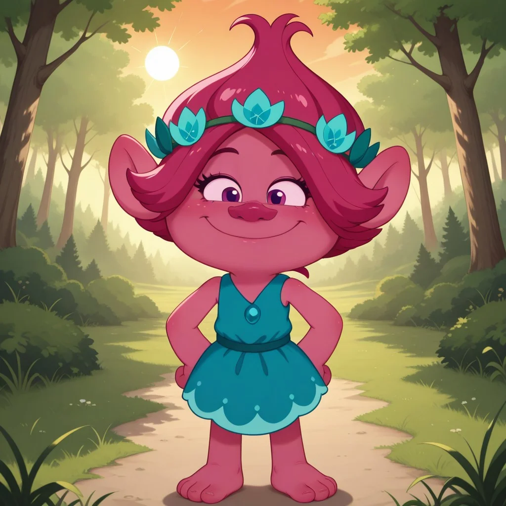 score_9, score_8, BREAK, solo, Poppy_(Trolls), 1girl, solo, pink hair, head wreath, pink skin, pink skin female, teal and light blue dress, barefoot, sexy pose, self portrait, smile, looking at viewer, outdoors, sunlight, shadows, evening lighting, natural lighting, forest, trees, grass, orange sky, sunset