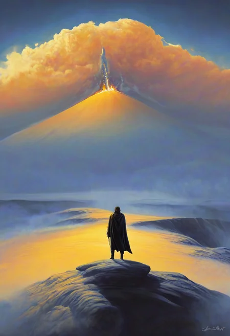 <lora:Storybook_V1.1:.7> sbfte, 1woman, blonde hair, the grim reaper, facing away, rocky hill, standing, robe blowing in the wind, clouds, sky, sunset, visible night sky, stars, cosmic, in meditation, ultra detailed landscape, bright yellow, energy surrounding surrounding him, volumetric lighting, ultra detailed clothes, ultra detailed body, ultra detailed hair, a city made of blue crystals is on fire in the distance, serenity, low-key,
by Natalia Rak and Barclay Shaw in the style of Jessica Rossier, <lora:EnvyAnimeWatercolorXL02:0.60> , Elmore_Style_LX <lora:Elmore_Style_LX-000011:0.60>