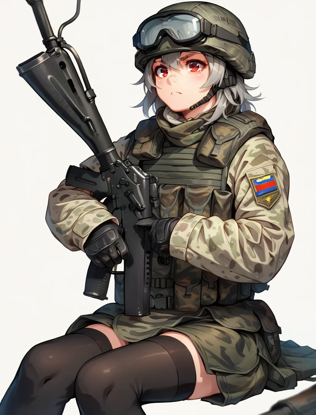 score_9, score_8_up, score_7_up, score_6_up,score_5_up, RussianSoldier, 1girl, solo, simple background, red eyes, thighhighs, gloves, hat, white background, sitting, weapon, grey hair, black thighhighs, gun, wariza, helmet, goggles, rifle, assault rifle, camouflage, <lora:RussianSoldierV3-000004:1>