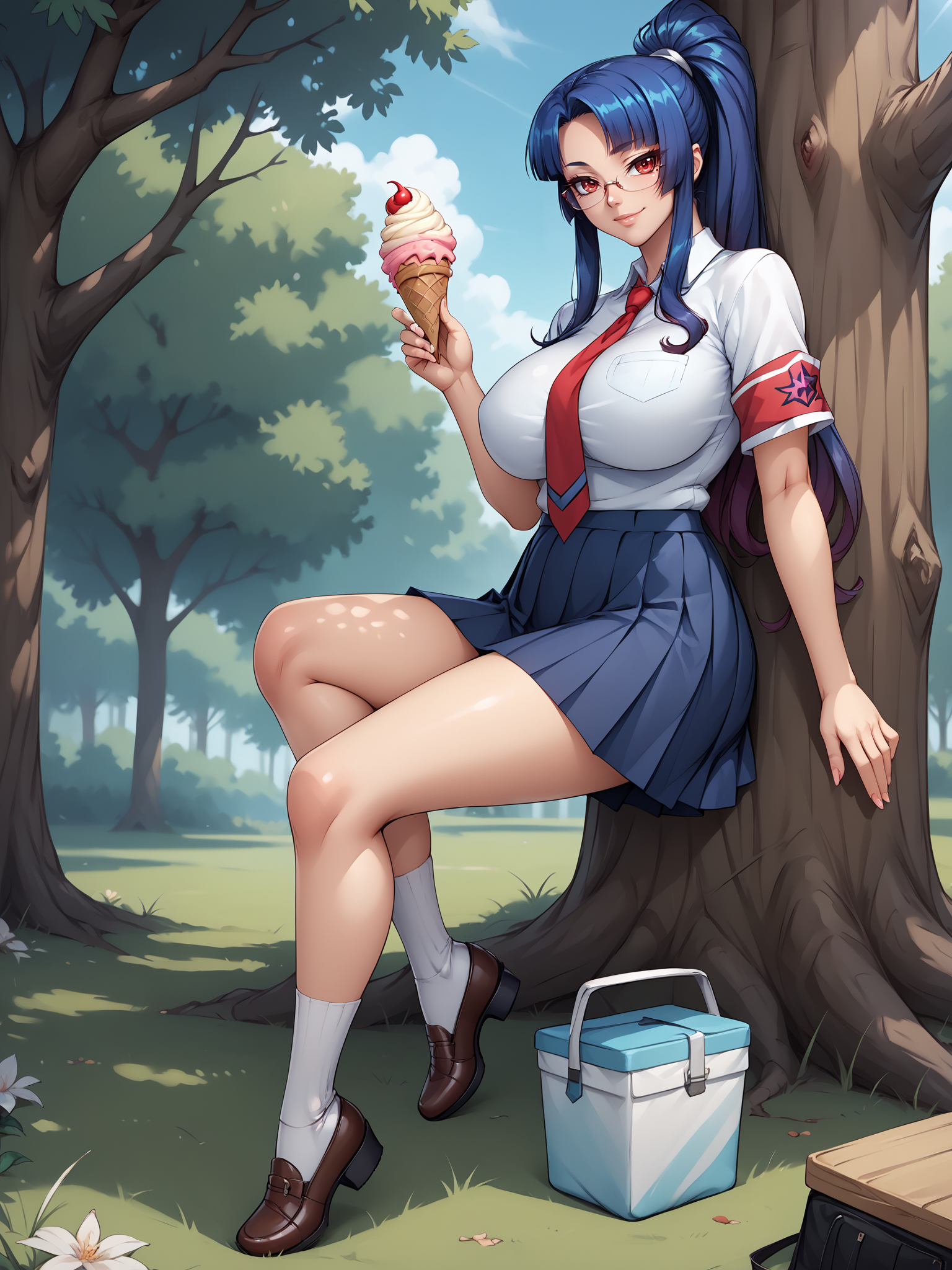 score_9, score_8_up, score_7_up, score_6_up, score_5_up, source_cartoon, uncensored,  BREAK
yatsu murasaki is leaning back on tree, leaning back,  holding ice cream, from side,
yatsu murasaki, 1girl, mature female, full body, 
looking at viewer, expressionless, smile,
red eyes, blue hair, long hair, bangs, glasses, ponytail, 
school uniform, white shirt, necktie, pleated skirt, red armband, shoes, 
curvy, huge breasts, 
outdoors, tree,
 <lora:YatsuMurasakiXL3216:1>