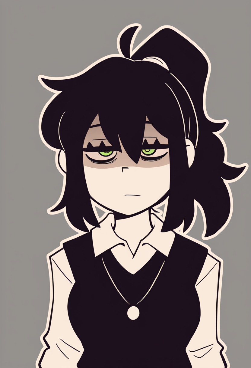 masterpiece, best quality, very aesthetic, absurdres, outline, BREAK
1girl, reneegr, black hair, ponytail, sidelocks, green eyes, jitome, bags under eyes, shaded face,
necklace, collared white shirt, black sweater vest,
upper body, standing, looking at viewer, solo, simple background, grey background <lora:ReneeGravesNoobXL_byKonan:1>