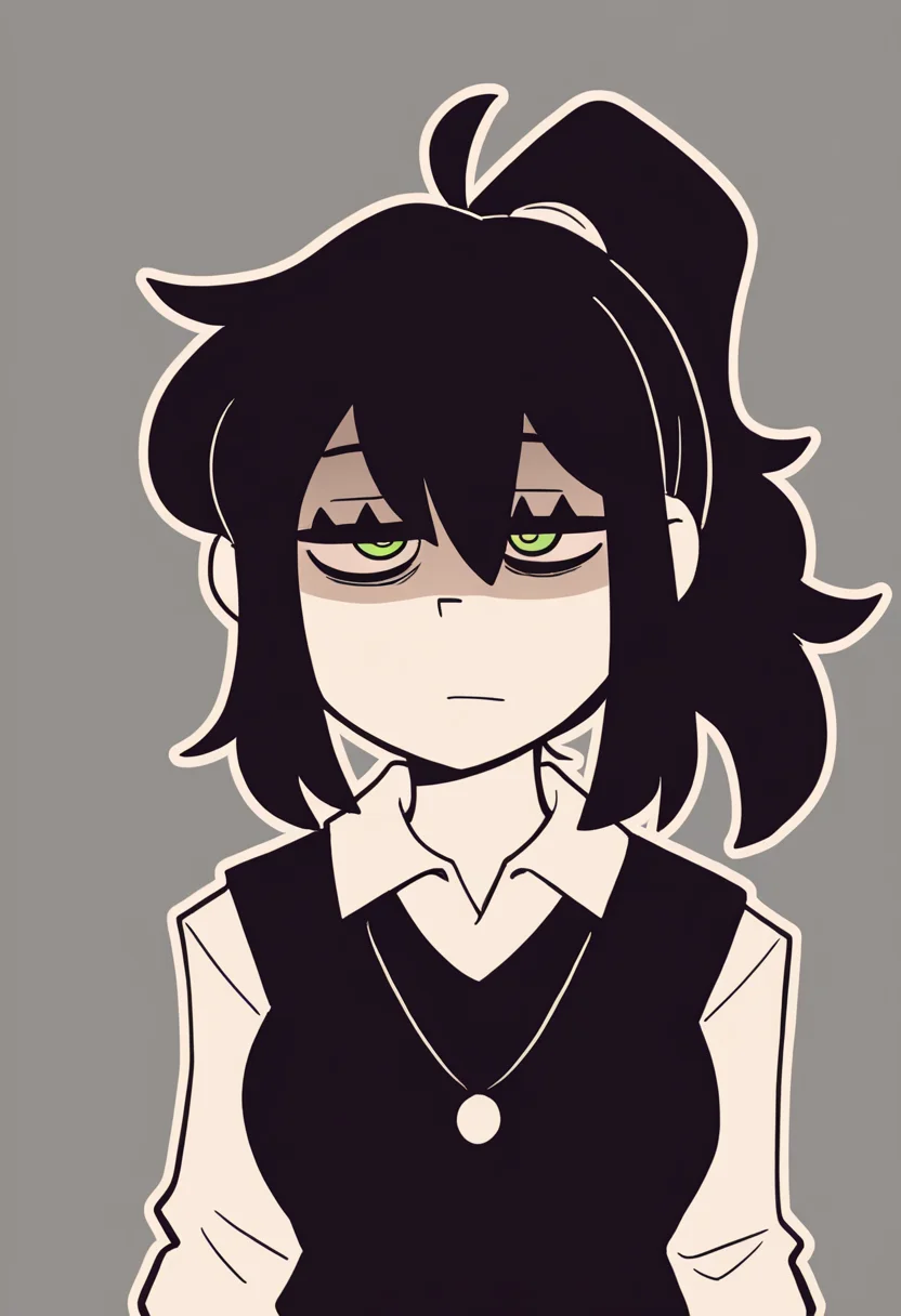 masterpiece, best quality, very aesthetic, absurdres, outline, BREAK
1girl, reneegr, black hair, ponytail, sidelocks, green eyes, jitome, bags under eyes, shaded face,
necklace, collared white shirt, black sweater vest,
upper body, standing, looking at viewer, solo, simple background, grey background <lora:ReneeGravesNoobXL_byKonan:1>