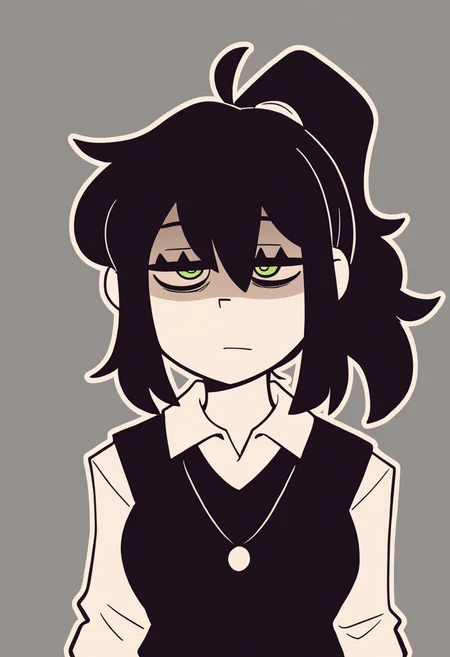 masterpiece, best quality, very aesthetic, absurdres, outline, BREAK
1girl, reneegr, black hair, ponytail, sidelocks, green eyes, jitome, bags under eyes, shaded face,
necklace, collared white shirt, black sweater vest,
upper body, standing, looking at viewer, solo, simple background, grey background <lora:ReneeGravesNoobXL_byKonan:1>