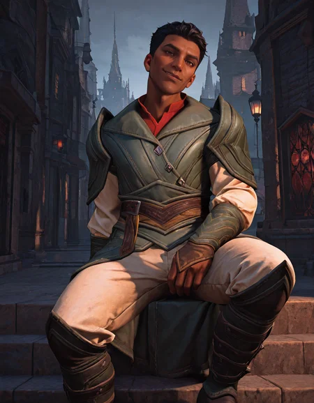 cinematic_depth, 8k, soft_lighting, warm_glow, ultra_high_quality, masterpiece, best quality, newest, perfect quality, best quality, detailed background, intricate details, male focus, realistic, <lora:Dragon Age Veilguard - Elek Tavor - Illustrious-000005:0.8>, e_tavor, 1boy, dark skin, black hair, short hair, brown eyes, outdoors, city, leather armor, leather bracers, red undershirt, white sleeves, white pants, leather belt, leather boots, looking at viewer, head tilt, smirk
