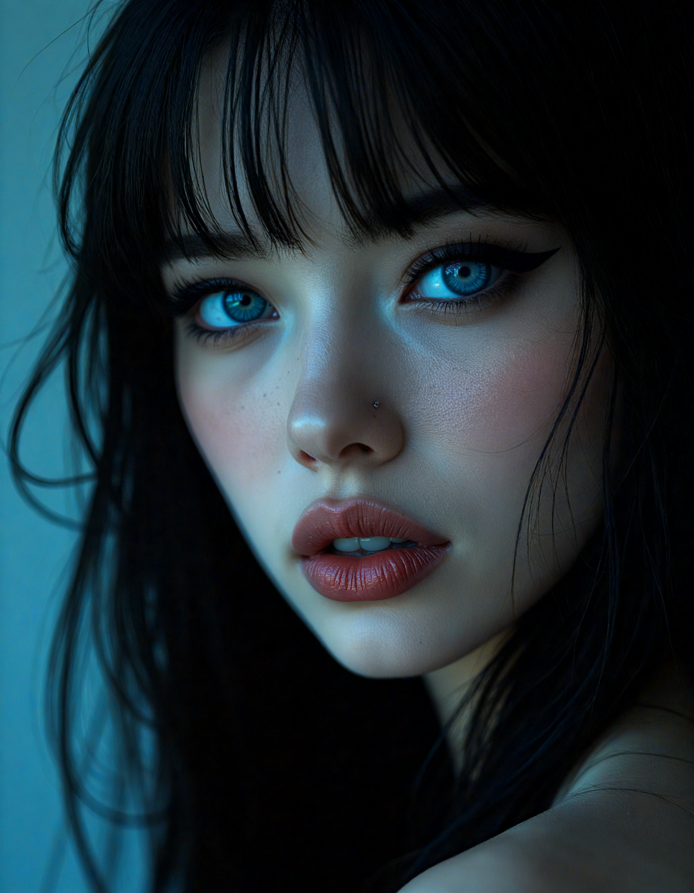 hyperrealistic art (dark mood masterpiece Photography:1.2), portrait of a mysterious woman with blue eyes and bold eyeliner, she has sensuous lips, looking seductively, naughty, shy smirking. The extreme realism focuses on her detailed skin, showing fine textures and natural highlights. photography masterpiece, modern, irresistible beauty, fuzzy lighting, dark mood, unusual composition, use of negative space, (rule of thirds composition), simmetry , mysteriouse, emotional, flirting, (fine erotic content:0.65), groundbreaking unrivaled opus with unrivaled details, (__wildcardsv2.0/color__ color scheme), highly detailed, melancholic, low-light hyper detailed photography, catchlights, style by Luis Royo . extremely high-resolution details, photographic, realism pushed to extreme, fine texture, incredibly lifelike,, extreme close-up shot,style by luis royo . extremely high-resolution details, photographic, realism pushed to extreme, fine texture, incredibly lifelike