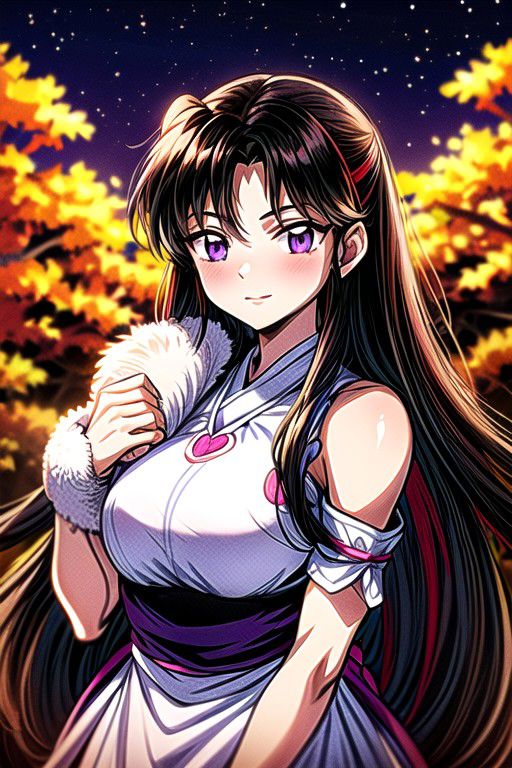 masterpiece,  best quality 1girl Setsun4 solo long hair,  (night time) forest background black hair very long hair purple eyes multicolored hair armor (fur trim) (medium body),<lora:EMS-179-EMS:0.800000>,<lora:EMS-293862-EMS:0.800000> bow, hair_bow, hair_tubes, red_bow, brown_hair, long_hair, bangs, ascot, frilled_bow, yellow_ascot, blush, smile, hair_between_eyes, athletic, armor, miko, ,(((intricate outfit,intricate clothes,embroidered outfit,ornate outfit,embroidered clothes,ornate clothes))), sitting