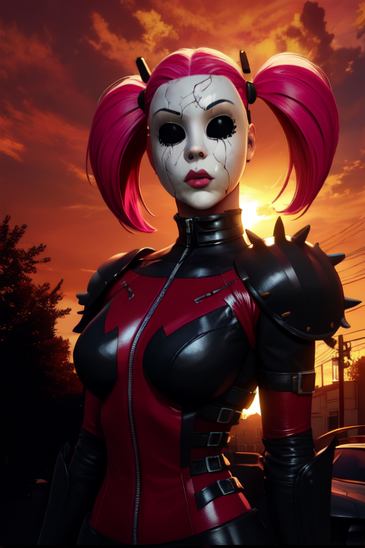 DollFace, doll mask, pink hair, twin tails, 
pink body suit, armor,  shoulder pads,  
  upper body,  standing, 
streets, underworld,  night red sky,  
(insanely detailed, masterpiece, best quality) 
 <lora:DollFace:0.7>
