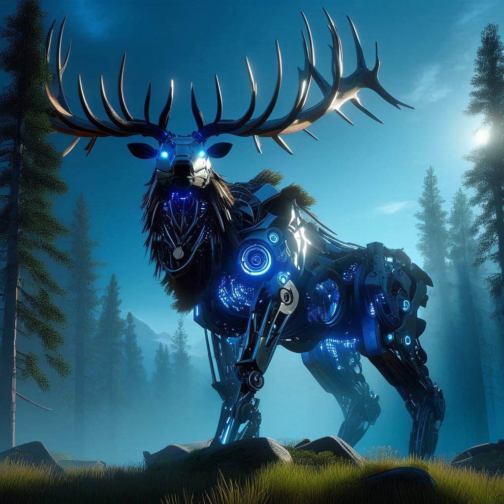 Full metal robot, non- humanoid robt, scifi,   (Ultra Realistic:1.0),32k,(Masterpiece:1.0),(High Detailed Skin:1.0),( High Quality:1.0), (Detailed Realistic Background:1.3), (Official Art, Beautiful and Aesthetic:1.2), (Realistic Lighting:1.0), glowing, day, science fiction, nature, grass, deer, scenery, mountain, non-humanoid robot, forest, "An imposing, machine-like elk standing majestically on mountain edge looking at sky, its intricate mechanical parts inspired by the Horizon Zero Dawn style. The elk’s body is a blend of organic and metallic elements, with glowing blue lights coursing through its frame, reflecting the technological sophistication of a bygone era. Its angle are vast and sharp, made of gleaming steel, resembling a regal crown.
The scene is set in a deep of field, epic cinematic lighting, view from below dramatic sky with beams of cinematic light piercing through the canopy, casting dramatic shadows across the elk’s form. The atmosphere is epic and tense, as the elk stands still, as if inspecting its surroundings with quiet intelligence. The mood is both mysterious and foreboding, emphasizing the contrast between nature and technology, framed in high resolution and intense detail, evoking the visual grandeur and storytelling depth of Horizon Zero Dawn."