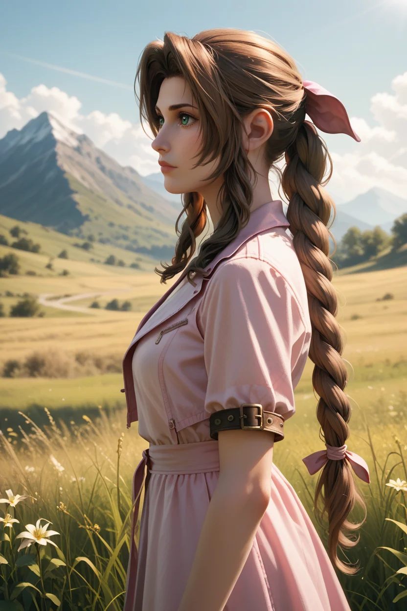 score_9, score_8_up, score_7_up,
<lora:FF7Aerith:0.8>
FF7Aerith, 1girl, brown hair, green eyes, long hair, braided ponytail, standing in a field during the golden hour, hand gently brushing through tall grass, mountains in the distance, warm sunlight casting a glow, serene and connected to nature