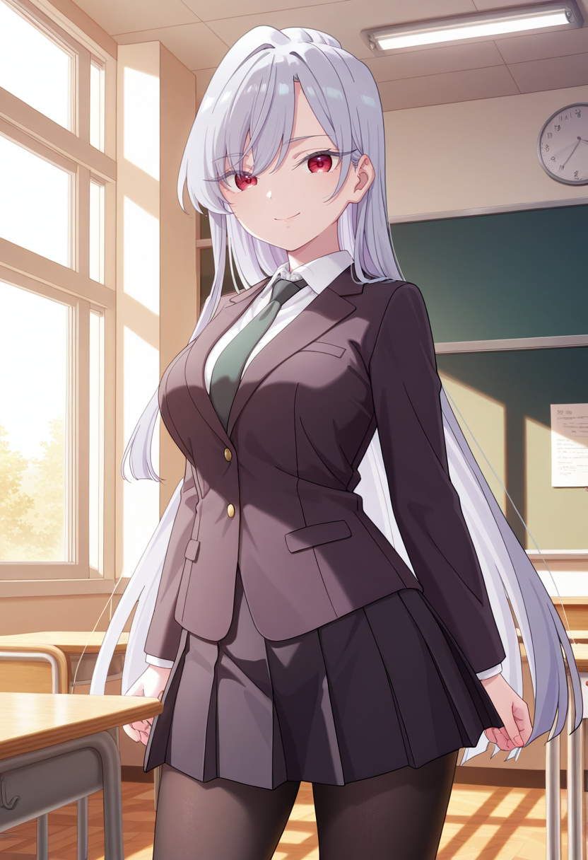 masterpiece,best quality,amazing quality,very aesthetic,absurdres,newest, looking at viewer, indoors, cowboy shot, smile,  classroom, standing, dynamic pose, 
 <lora:EiaiNano:1> eiainano, 1girl, red eyes, jacket, grey hair, shirt, white shirt, collared shirt, looking at viewer, necktie, blazer, black jacket, very long hair, green necktie, (black pantyhose), pleated skirt, black skirt