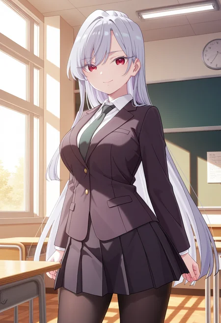 masterpiece,best quality,amazing quality,very aesthetic,absurdres,newest, looking at viewer, indoors, cowboy shot, smile, classroom, standing, dynamic pose,
<lora:EiaiNano:1> eiainano, 1girl, red eyes, jacket, grey hair, shirt, white shirt, collared shirt, looking at viewer, necktie, blazer, black jacket, very long hair, green necktie, (black pantyhose), pleated skirt, black skirt