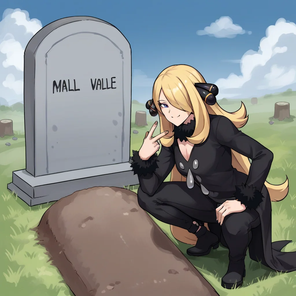 score_9, score_8_up, score_7_up, score_6_up, score_5_up, score_4_up, zPDXL2,source_anime,rating_questionable, cynthia pokemon, smile, blue sky, clouds <lora:Oliver_Queens_Grave_Meme:0.8> oll13gr4v3, grass, squatting, tombstone