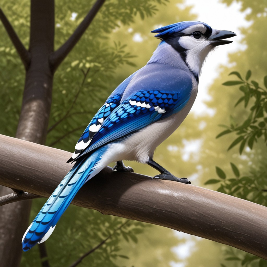 masterpiece, best quality, amazing quality, bluejaysil, feral, blue_jay, blue feathers, blue feathered crest, black eyes, talons, sitting, in tree