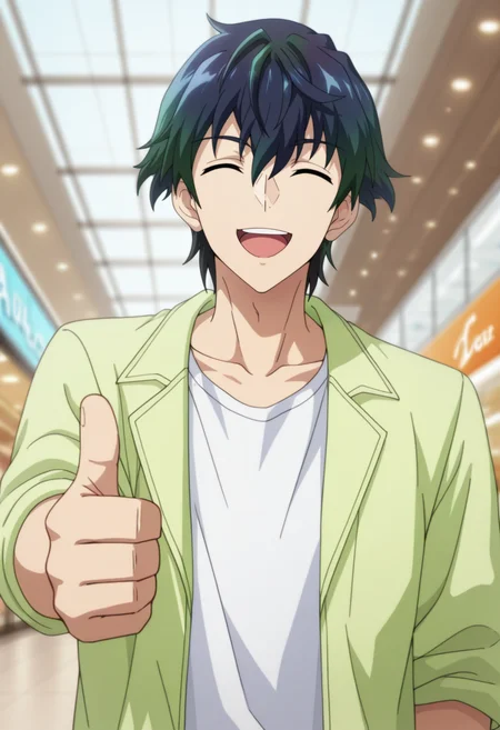 masterpiece, best quality, amazing quality,high resolution,intricate details,official style,depth of field,anime screencap,anime coloring , , , 1boy, solo, male focus,  <lora:Desir_Herrman:0.81>,desir herrman,black hair,multicolored hair,closed eyes,short hair,looking at viewer, smile, open mouth, shirt, jacket, collarbone, white shirt, upper body, open clothes,reaching,thumbs up,teeth, indoors, upper teeth only,green jacket,t-shirt,outdoors,mall,from below