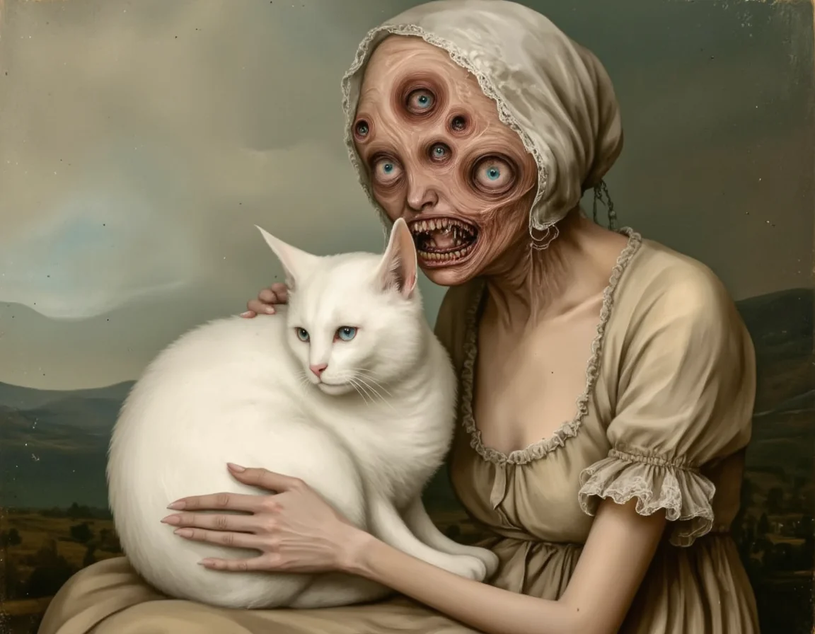 <lora:Oddart:0.8> oddart, A portrait style image, reminiscent of a historical painting, depicts a woman with an unsettling, almost monstrous visage. She has multiple eyes, a distorted mouth, and skin that appears aged and weathered. She is wearing a light, possibly white or cream-colored, cap or bonnet and a light brownish-tan dress with a flowing, ruffled style. A large, pure white cat sits close to her, held gently in her arms. The cat's eyes are a striking blue, contrasting with its white fur. The woman's expression is unsettling, almost demonic, but the scene is still imbued with the softness of old-fashioned portraiture. Colors are muted and earthy, with tones of beige, browns, cream, and hints of pale blue. The background is a stylized blurred landscape, like a background in a painting. The style is impressionistic, with visible brushstrokes, but the detail is still present for hyperrealistic quality, giving the effect of a slightly distorted, unsettling portrait. . 35mm photograph, film, bokeh, professional, 4k, highly detailed