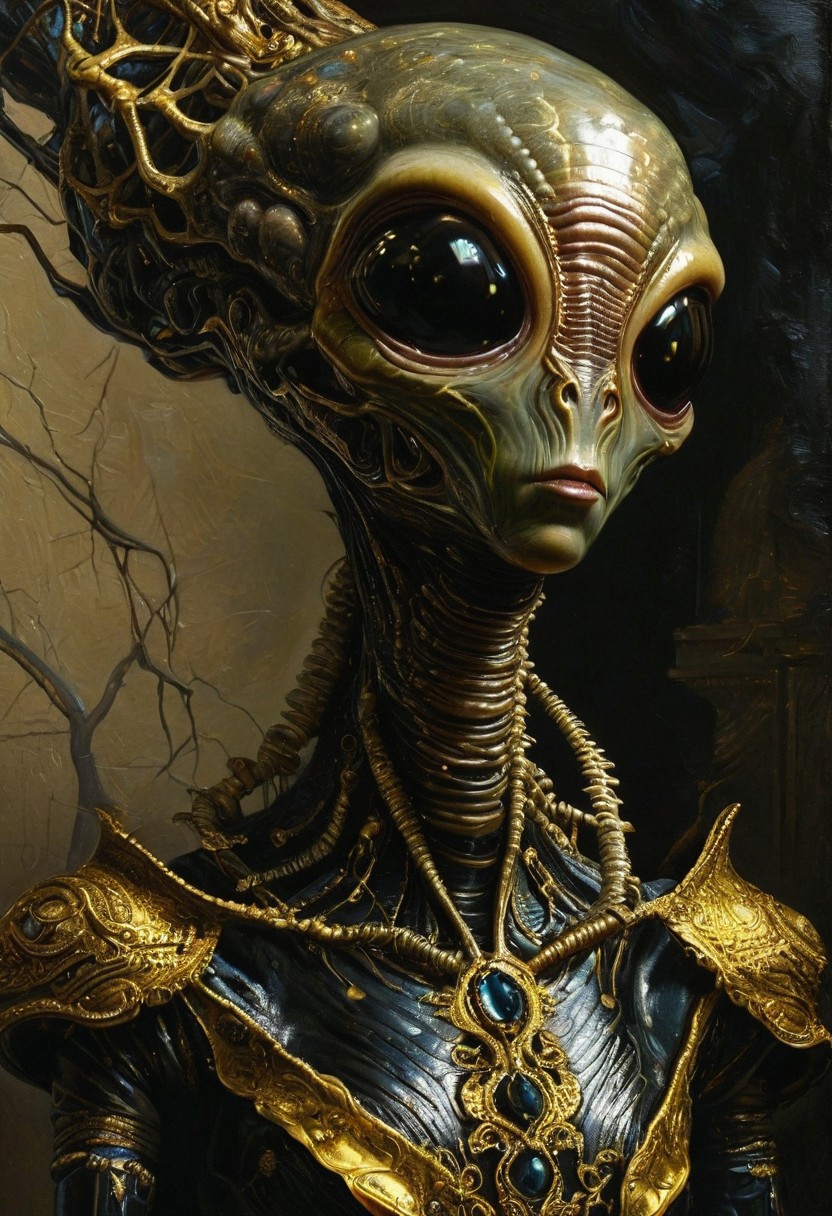Rembrandt realistic oil painting, retro artstyle, score_9, score_8_up, score_9_up, very detailed, ultra realistic, (best quality) very detailed masterpiece, portrait of an futuristic alien, tree-like alien creature in medieval environment, iridescent skin, proboscis, brown olive black velvet, very dark background, baroque style, gold, marble, very dramatic lighting, much shadow, rembrandt style, vermeer style, low saturation, realistic realistic, realism, photo realistic oil painting, photo realistic painting