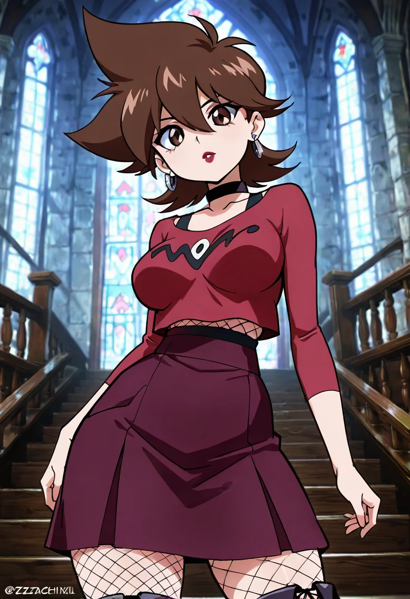 masterpiece, best quality, solo, curvy, beautiful eyes,  narrow waist, wide hips, large breasts,zzTachibana, brown eyes, hair between eyes, brown hair, flipped hair, short hair, spiked hair,   ,       <lora:TachibanaHiromiIXL:1.0>, [Gothic Emo], black lace-up corset with a high-neck collar, long-sleeve sheer black mesh top with velvet floral patterns, dark purple velvet skirt with lace trim, thigh-high fishnet stockings, platform boots with silver spikes, silver hoop earrings, bold black eyeliner with dramatic winged eyeshadow, dark red lipstick, standing in front of a gothic-style church with fog creeping along the ground,