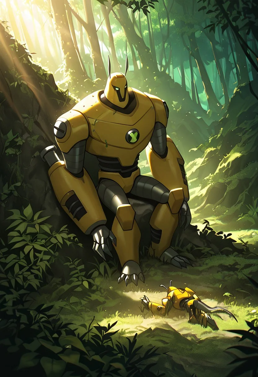 masterpiece, best quality, amazing quality, very aesthetic, absurdres, newest,, detailed background,
armadrillo, robot, claws, yellow armor, grey tail, antennae, no eyes, massive arms, yellow helmet, mecha, short legs,
in forest, leaning, sitting, dead, soulless, motionless, ragdoll, overgrown robot, rusty robot, rusted metal, vegetation, jungle, sun rays, on ground, from above, no eyes, no pupils, no sclera, black sclera, loose arms, leaning against rock, overgrown city, jungles, forests, vegetation,