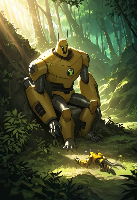 masterpiece, best quality, amazing quality, very aesthetic, absurdres, newest,, detailed background, 
armadrillo, robot, claws, yellow armor, grey tail, antennae, no eyes,  massive arms, yellow helmet, mecha, short legs,
in forest, leaning, sitting, dead, soulless, motionless, ragdoll, overgrown robot, rusty robot, rusted metal, vegetation, jungle, sun rays, on ground, from above, no eyes, no pupils, no sclera, black sclera, loose arms, leaning against rock, overgrown city, jungles, forests, vegetation,