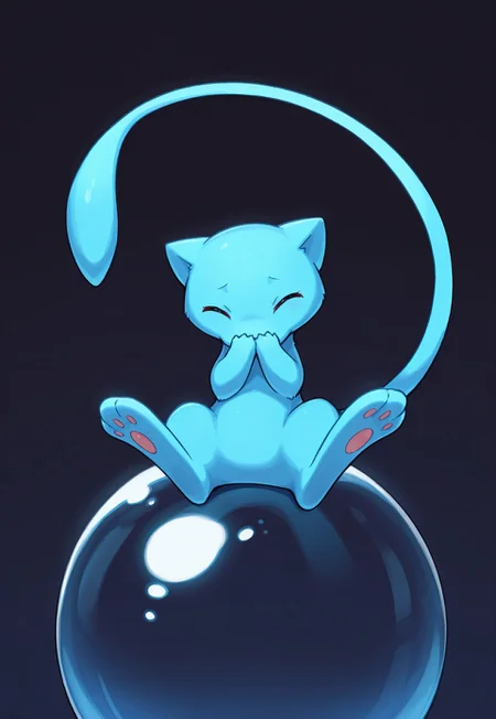 masterpiece, best quality, amazing quality, very aesthetic, absurdres, PKMN_Mew, solo, no humans, ShinyMew, blue fur, alternate color, closed eyes, covering own mouth, ^ ^, sitting on oversized bubble, simple background, dark background, dynamic pose, perspective